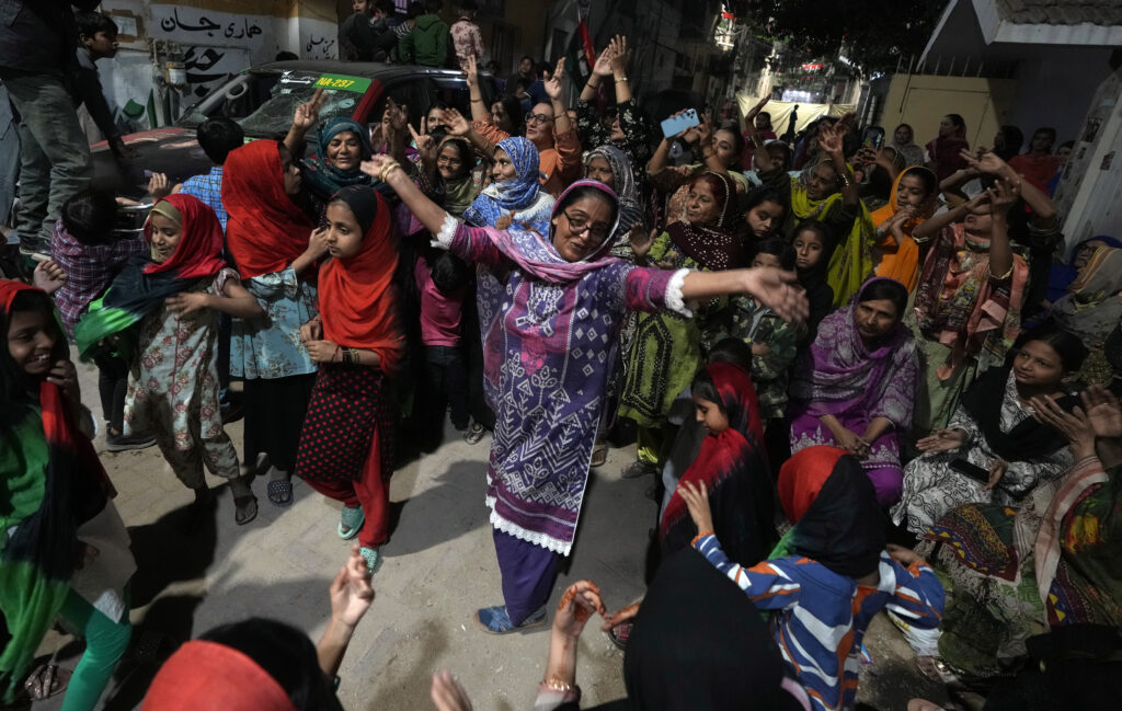 PAKISTAN — Celebrating a small victory for progressive change: Supporters of Bilawal Bhutto Zardari, Chairman of Pakistan People's Party, dance to celebrate their party victory in the initial results of the country's parliamentary election, in Karachi, Pakistan, Friday, Feb. 9, 2024.Photo: Fareed Khan/AP